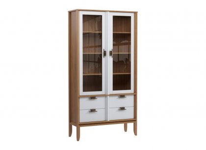 Шкаф для посуды Бридж широкий с 2-мя стеклянными дверями и 4-мя ящиками (браун / белый лак) 92204