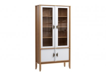 Шкаф для посуды Бридж широкий с 2-мя стеклянными дверями и 2-мя глухими дверями (браун / белый лак) 92220